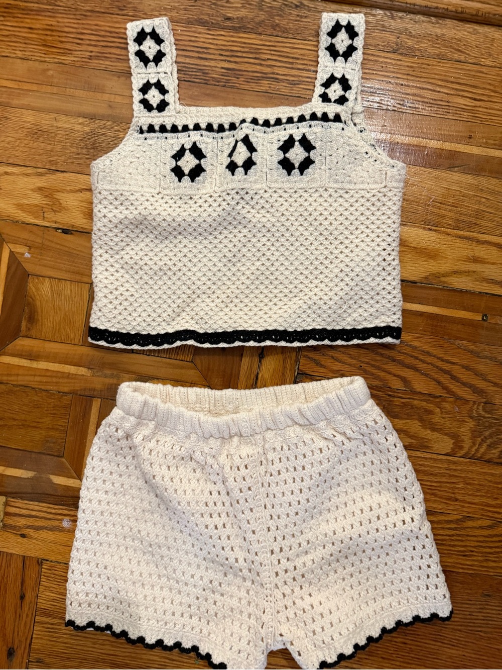 btween Cream Crochet Tank and Shorts Set with Black Accents